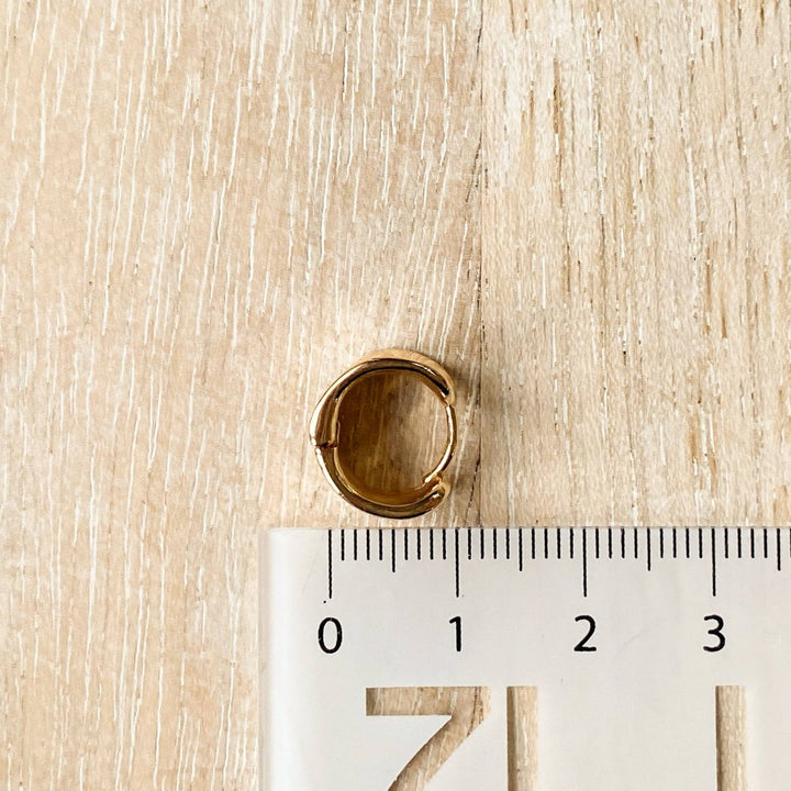 A pair of gold Grace hoops, featuring a chunky, domed design, displayed on a textured wooden surface with white floral accents. The earrings are statement huggie hoops, available in Ottawa, Ontario, Canada.
