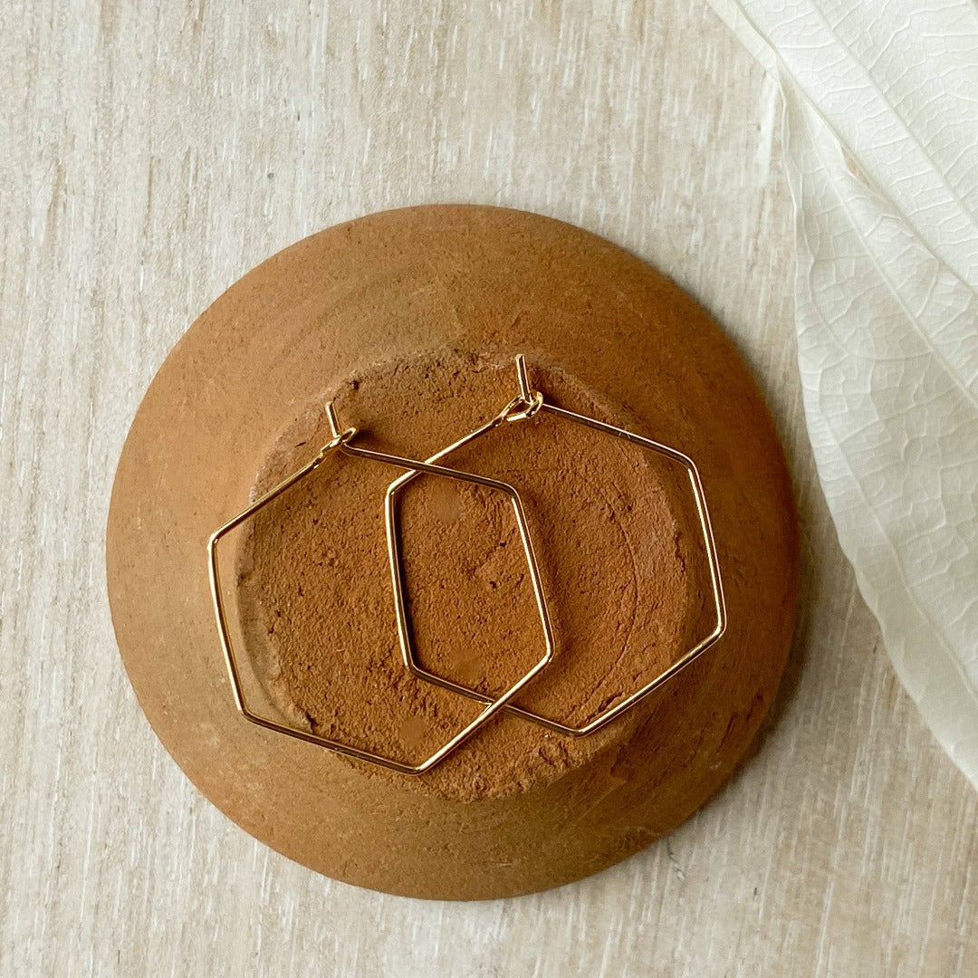 A pair of Agaveh Girl Gold Hexi Hoops, featuring a thin, gold wire hexagon design, displayed on a branded card with the text 'agaveh girl,' against a textured background with dried floral accents. The earrings are minimalist and geometric, available in Ottawa, Ontario, Canada.