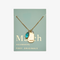 A gold necklace with an aquamarine stone pendant. The pendant also has the word 