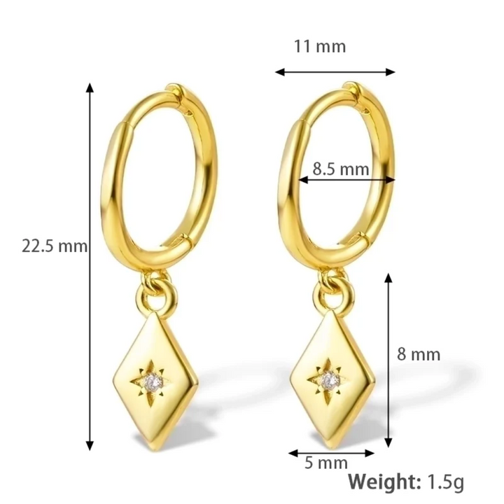Gold plated diamond drop earrings featuring small gold hoops with dangling rhombus-shaped charms, each with a central sparkling crystal resembling a North Star. These elegant earrings are available in Ottawa, Ontario, Canada.
