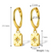 Gold plated rectangle drop earrings, potentially Bohomoon style, featuring small gold hoops with dangling rectangular charms, each with a central starburst design and a sparkling crystal. These modern earrings are available in Ottawa, Ontario, Canada.