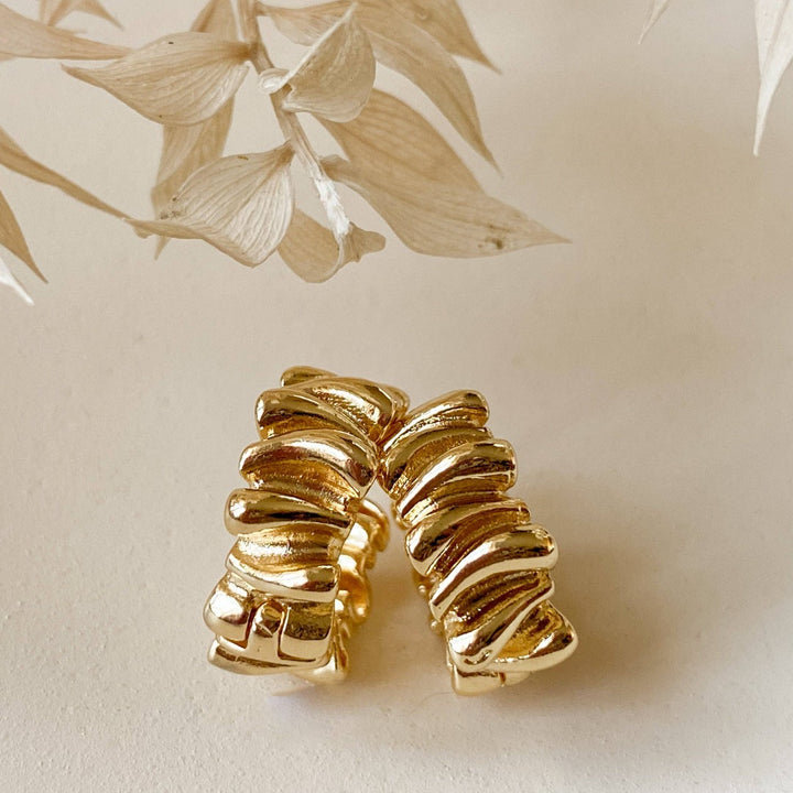 A pair of Agaveh Girl Gold Ribbon Hoops, featuring a 14k gold plated brass pleated lace design, displayed on a branded card with the text 'agaveh girl,' against a textured background with dried floral accents. The earrings are dainty and textured, available in Ottawa, Ontario, Canada.