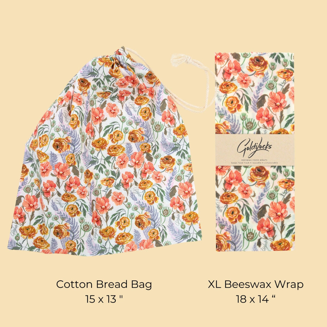 Cotton bread bag and XL beeswax wrap with floral pattern on a beige background