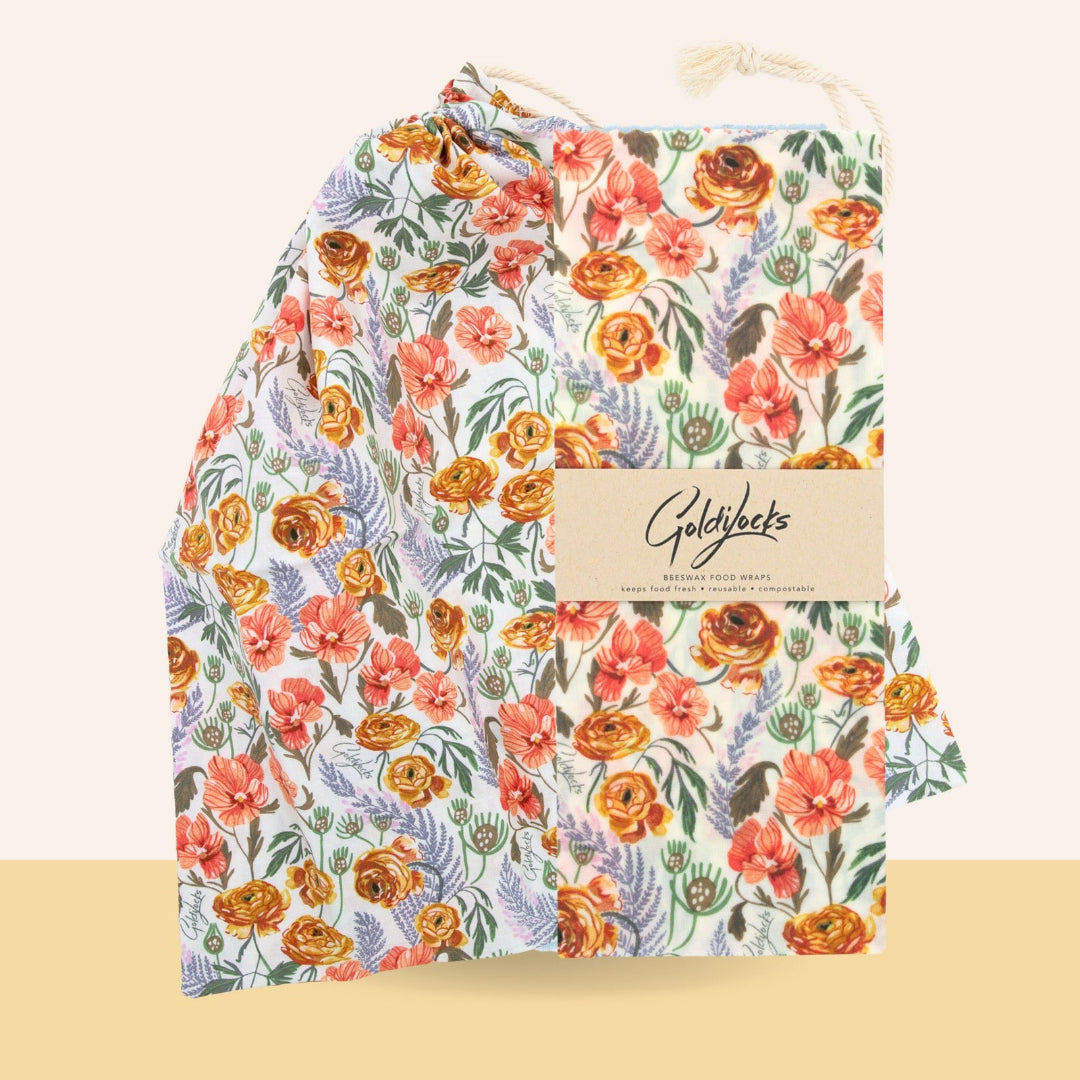 Floral-patterned product with a visible brand label on a beige background