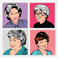 A 2x2 grid of stylized illustrated portraits of the same woman in different outfits and hair colors, each on a solid background color. The artwork is presented on a light neutral backdrop.
