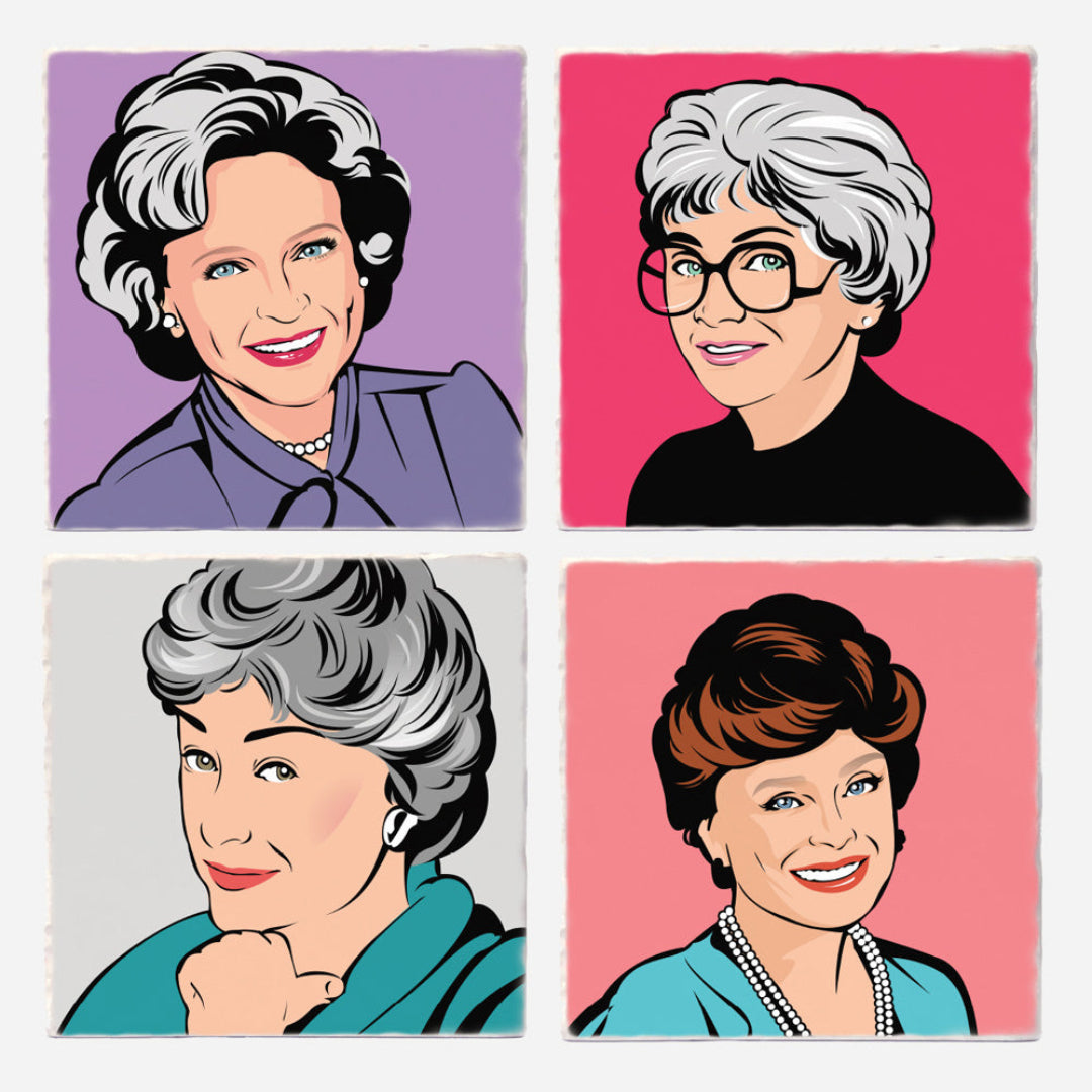 A 2x2 grid of stylized illustrated portraits of the same woman in different outfits and hair colors, each on a solid background color. The artwork is presented on a light neutral backdrop.