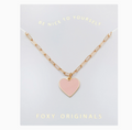 Necklace with a pink heart pendant on a 'Foxy Originals' card with text.