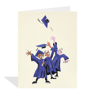 Cream-coloured greeting card featuring a colourful illustration by Canadian artist Tine Modeweg-Hansen of three jubilant graduates in blue gowns and caps, joyfully throwing one of their caps into the air.