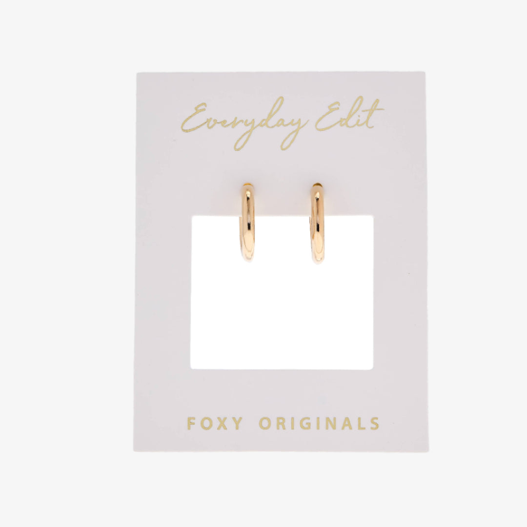 Gold hoop earrings on a 'Everyday Edit' card with 'Foxy Originals' branding.