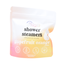 A white stand-up pouch for shower steamers. A clear window on the front reveals orange and pink steamers inside. The label features "small batch Soaps" and "shower steamers grapefruit orange + menthol."