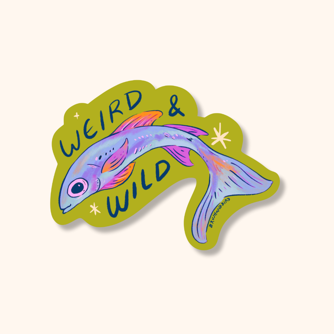 Colorful fish-shaped sticker with 'Weird & Wild' text on a white background