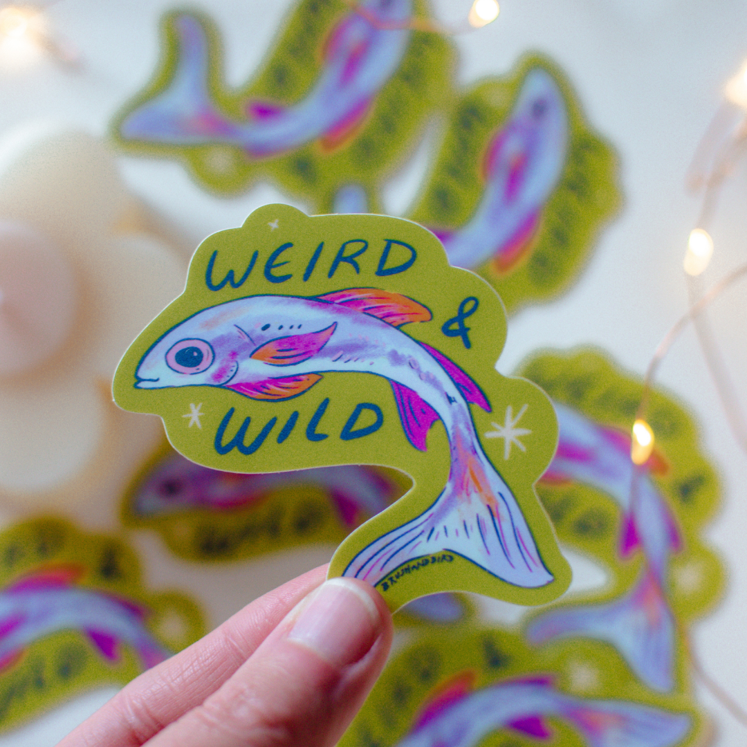 Hand holding a colorful sticker with a fish design and 'WEIRD & WILD' text, surrounded by more stickers.