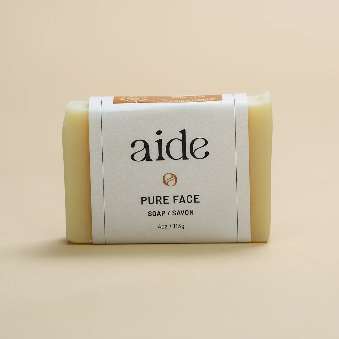 Pure Face Soap, a natural unscented bar soap suitable for all skin types. Made with shea butter, jojoba, avocado, apricot kernel, and olive oil.
