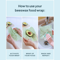 An infographic of "How to use your beeswax food wrap:" explaining that you need to activate the wrap by massaging it, then wrap it arount your food, and lastly wash and repeat.