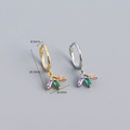 colourful crystal mini hoop earrings, featuring small gold hoops with dangling clusters of purple, green, and peach rectangular crystals. These dainty and vibrant earrings are available in Ottawa, Ontario, Canada.