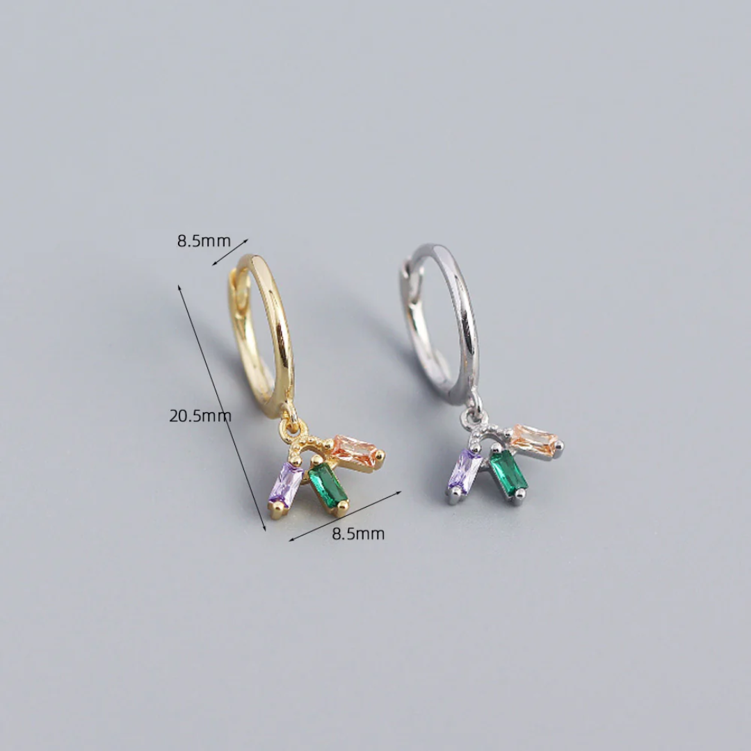 colourful crystal mini hoop earrings, featuring small gold hoops with dangling clusters of purple, green, and peach rectangular crystals. These dainty and vibrant earrings are available in Ottawa, Ontario, Canada.