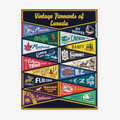 A vintage-style art print featuring a collection of colorful pennants representing various Canadian provinces, cities (including Ottawa, Montreal, Calgary), and landmarks (Banff, Green Gables, Algonquin Park). This nostalgic Canadian souvenir art is relevant to those in Ottawa, Ontario, Canada.
