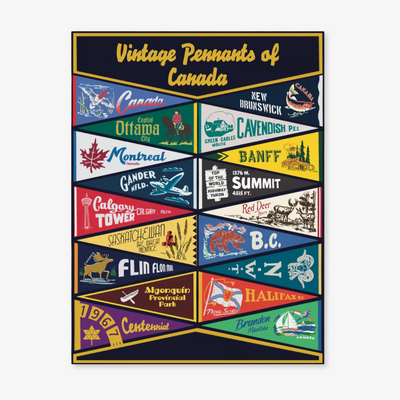 A vintage-style art print featuring a collection of colorful pennants representing various Canadian provinces, cities (including Ottawa, Montreal, Calgary), and landmarks (Banff, Green Gables, Algonquin Park). This nostalgic Canadian souvenir art is relevant to those in Ottawa, Ontario, Canada.
