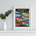 A vintage-style art print featuring a collection of colorful pennants representing various Canadian provinces, cities (including Ottawa, Montreal, Calgary), and landmarks (Banff, Green Gables, Algonquin Park). This nostalgic Canadian souvenir art is relevant to those in Ottawa, Ontario, Canada.