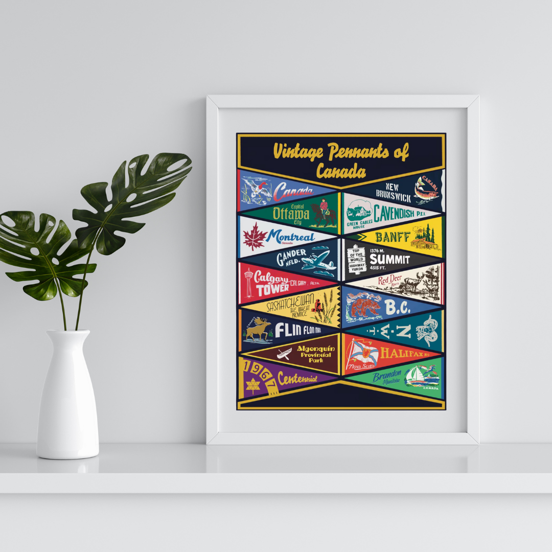 A vintage-style art print featuring a collection of colorful pennants representing various Canadian provinces, cities (including Ottawa, Montreal, Calgary), and landmarks (Banff, Green Gables, Algonquin Park). This nostalgic Canadian souvenir art is relevant to those in Ottawa, Ontario, Canada.