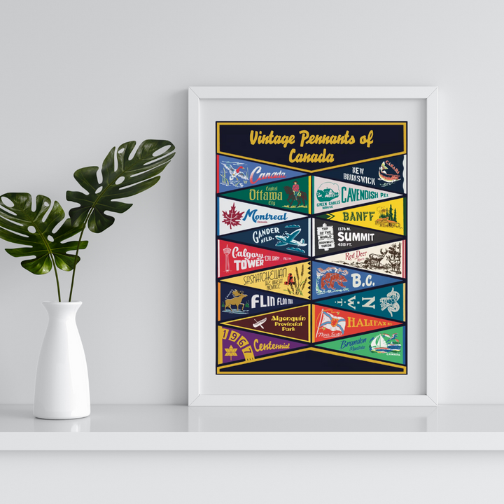 A vintage-style art print featuring a collection of colorful pennants representing various Canadian provinces, cities (including Ottawa, Montreal, Calgary), and landmarks (Banff, Green Gables, Algonquin Park). This nostalgic Canadian souvenir art is relevant to those in Ottawa, Ontario, Canada.