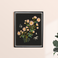 Pink Daisies Framed Art Print, a black art print of pink flowers with two white butterflies in a black frame.