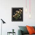Pink Daisies Framed Art Print, a black art print of pink flowers with two white butterflies in a black frame.