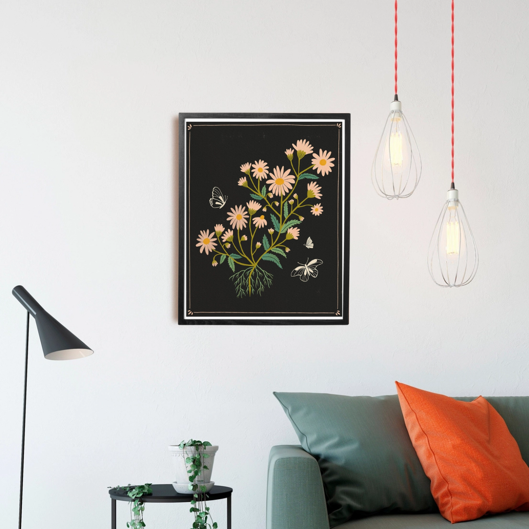 Pink Daisies Framed Art Print, a black art print of pink flowers with two white butterflies in a black frame.