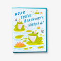 Hoppin' Birthday Card, a greeting card with frogs wearing party hats on lilypads, with the words "Hope you're birthday's hoppin!"