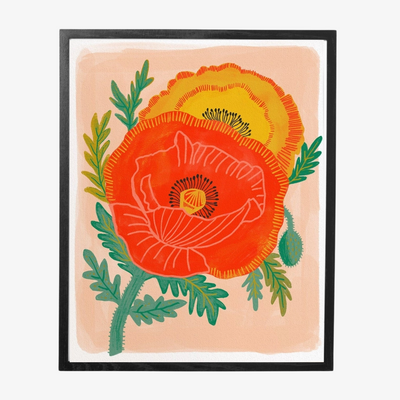 Poppy Garden Framed Art Print, a colourful art print of two bright poppies on a pink background, in a black frame.