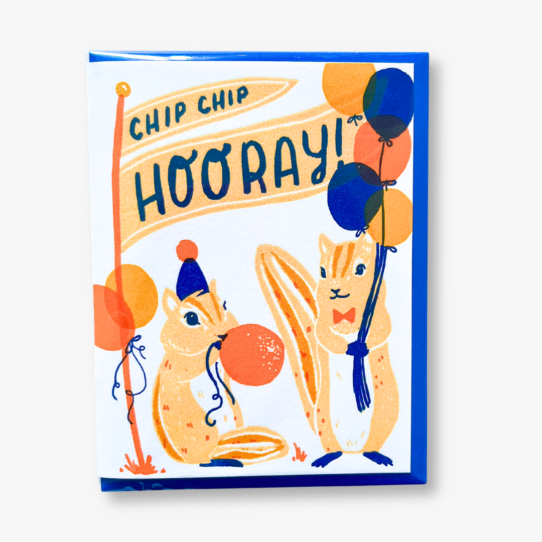 Chip Chip Hooray Congratulations Card, a greeting card with an image of two chipmunks blowing up balloons with a banner that says chip chip hooray.