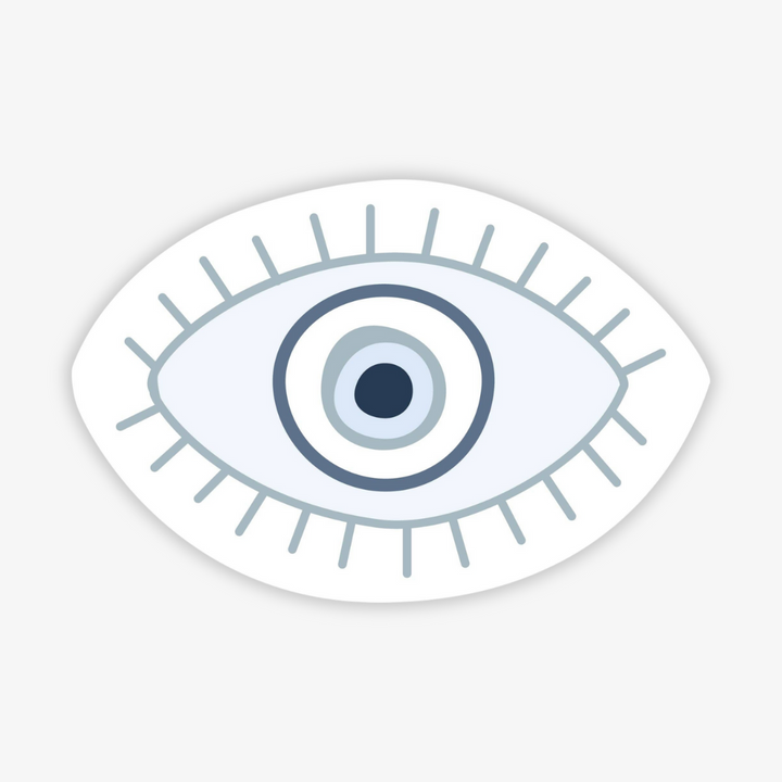 Evil Eye Sticker, a white sticker with a blue evil eye.