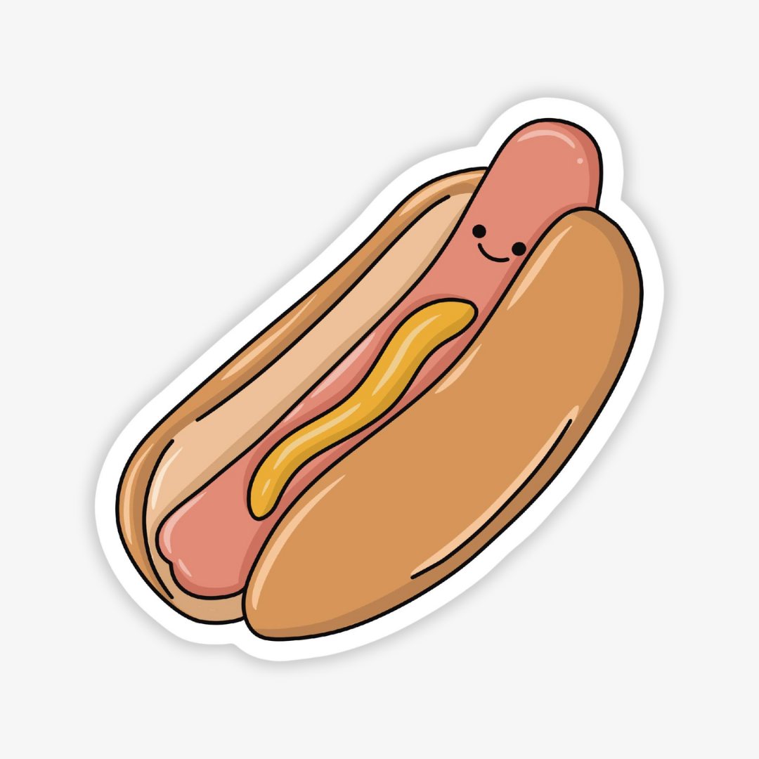 Hot Dog Sticker, a white sticker with an image of a smiling hot dog darnished with mustard.