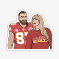 Taylor and Travis Sticker, a white sticker with an image of Travis Kelce in his football jersey and Taylor Swift in a Chiefs colours sweater that reads LOVER.