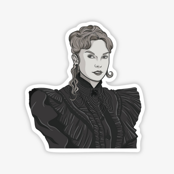 Taylor Fortnight Sticker, a black and white stirck of Taylor Swift in her black Fortnight music video outfit.