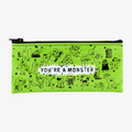 A bright green pencil case with a playful design. The case is covered in small black monster illustrations and the phrase "YOU'RE A MONSTER" in bold black letters.