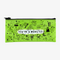 A bright green pencil case with a playful design. The case is covered in small black monster illustrations and the phrase 