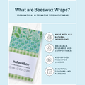 An infographic of "What are Beeswax Wraps?" explaining that they are, 100% natural alternative to plastic wrap, made with all natural ingedients, washable, reusable and compostable, keeps food fresh for longer, beautiful colourful patterns. With an image of the wraps.