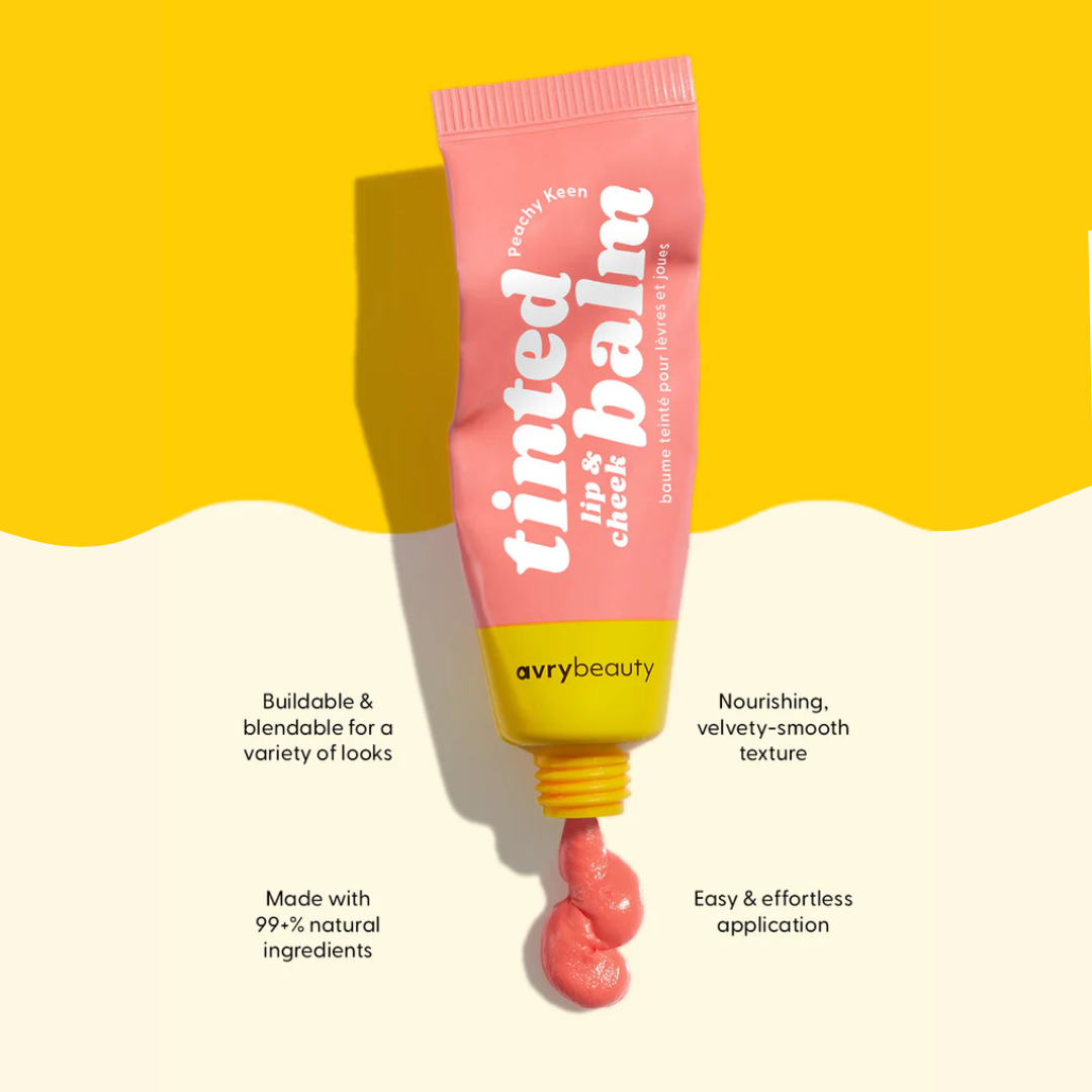 Peachy Keen Lip & Cheek Tinted Balm, a liquid blush that can be used for your eyes, cheeks and lips, in a colourful squeeze tube.