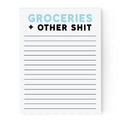 Notepad with text 'Groceries + Other Shit' and lined sections on a white background