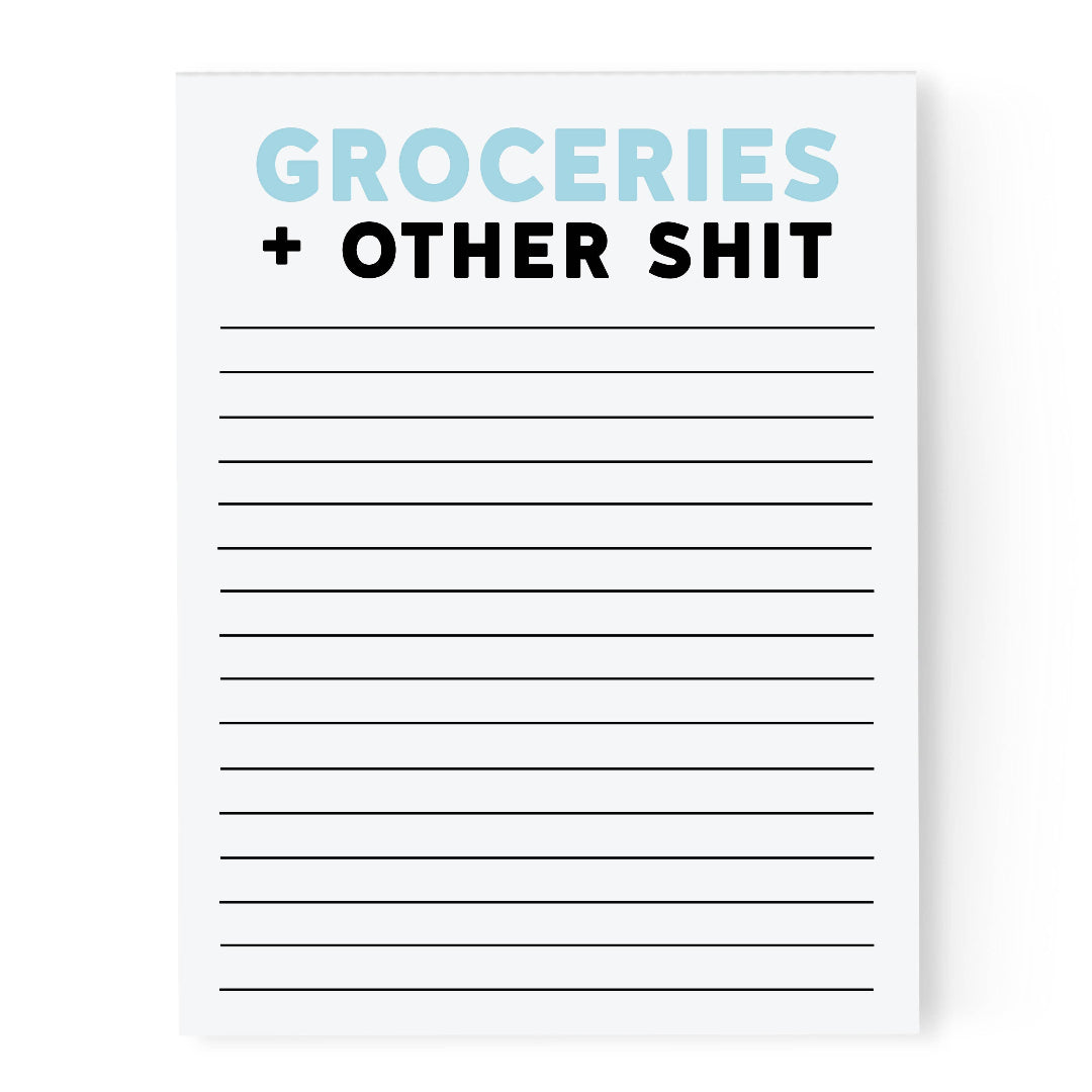 Notepad with text 'Groceries + Other Shit' and lined sections on a white background