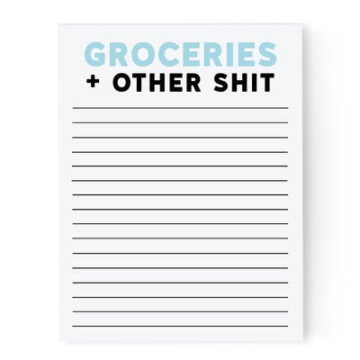 Notepad with text 'Groceries + Other Shit' and lined sections on a white background