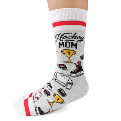 Gray sock with hockey-themed design and 'Hockey Mom' text on a white background