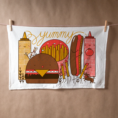 Hot Dog Hamburger Flour Sack Tea Towel