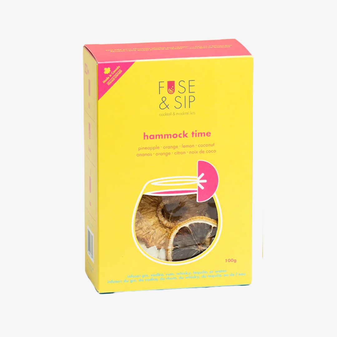 Fuse & Sip 'hammock time' product packaging on a white background