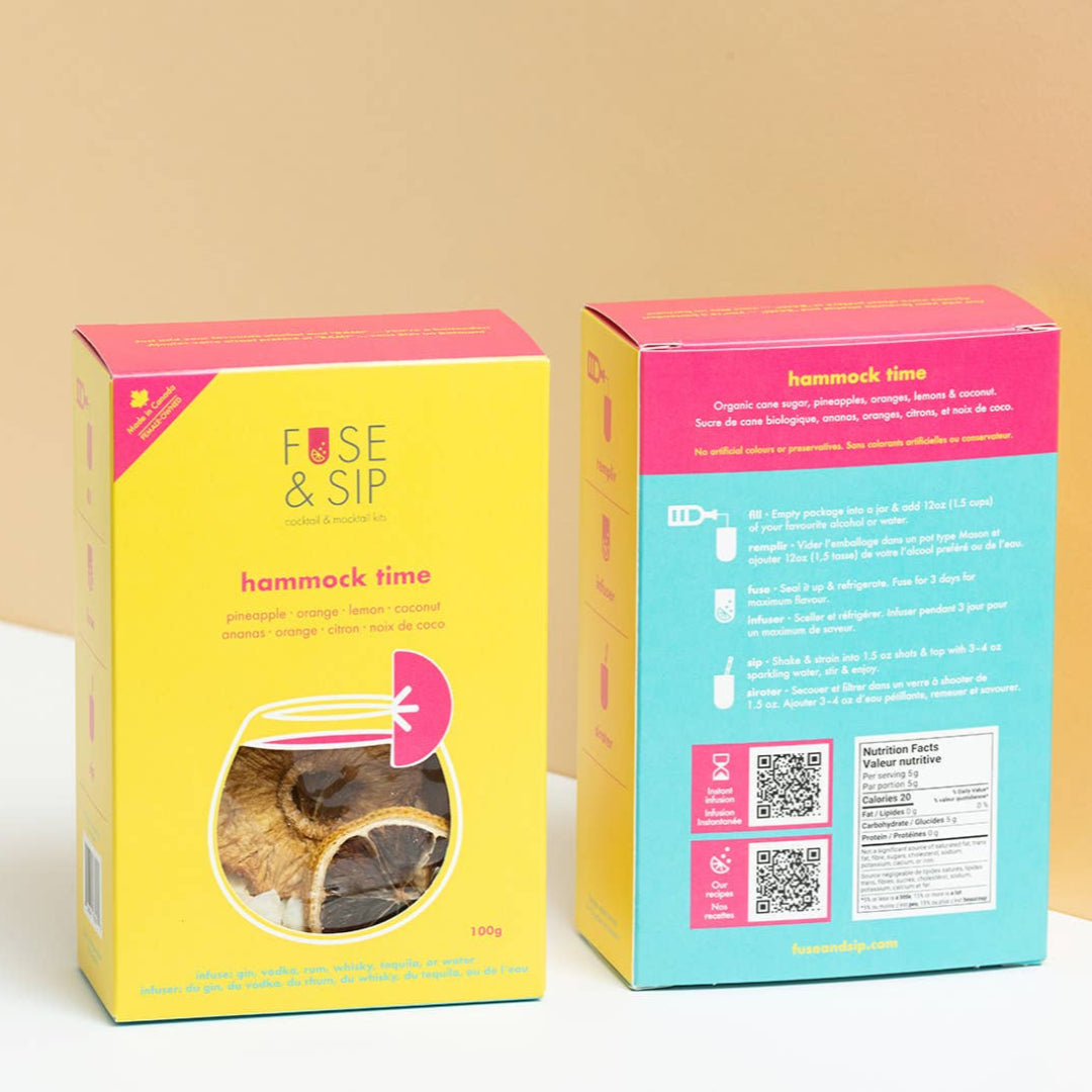 Two colorful boxes with branding and product information on a beige background