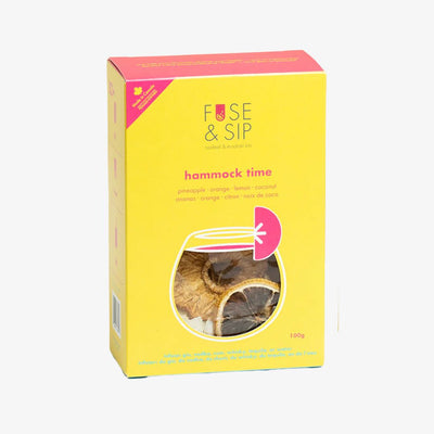 Fuse & Sip 'hammock time' product packaging on a white background
