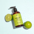 An amber plastic pump bottle of Epic Blend Coconut Lime Hand Wash with a lime green label. The label specifies "coconut lime + chamomile extract" and "hand wash".