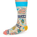 Birthday-themed sock with cake, gift, and 'Happy Birthday' text on a white background