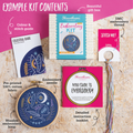 Embroidery kit contents including fabric, hoop, thread, and guide on a textured surface.